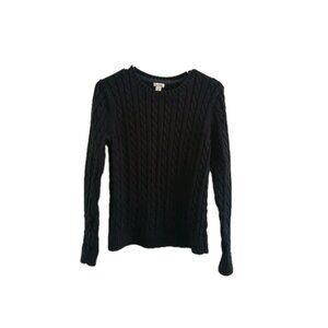 LL BEAN  Womens M Navy Blue Chunky Cable Knit Cotton Crewneck Fisherman Sweater